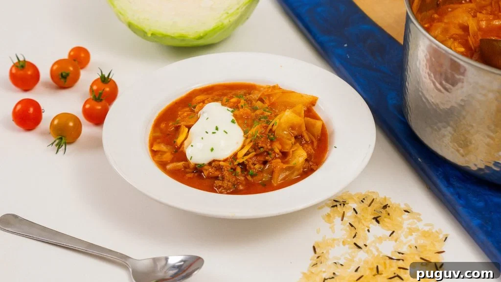 side angle shot of cabbage roll soup in a white bowl topped with a dollop of sour cream