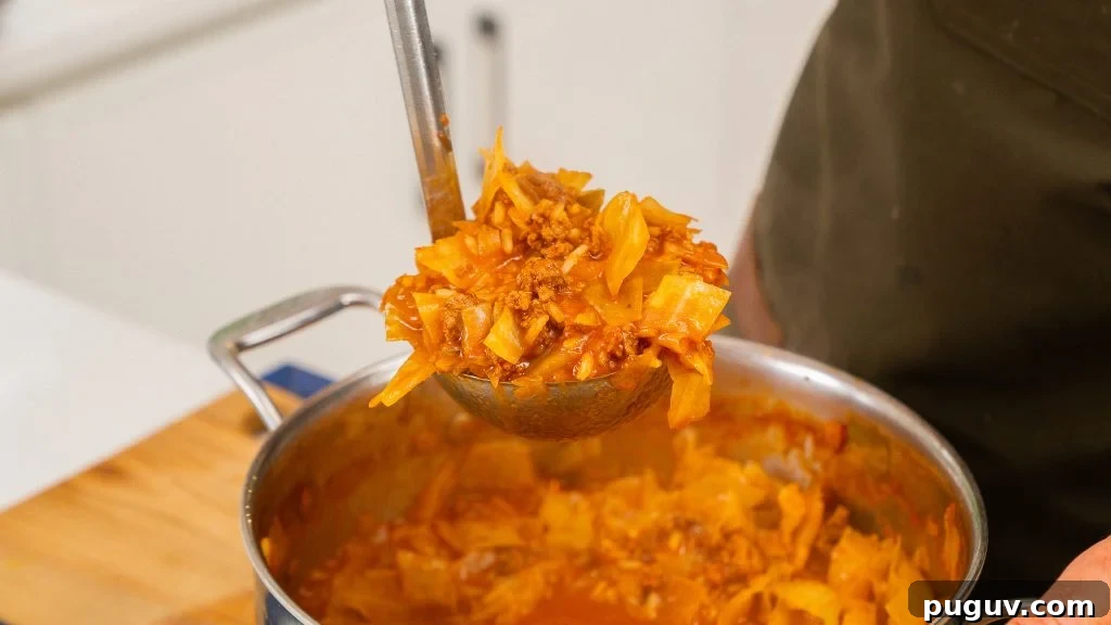 silver ladle lifting out of a pot of cabbage roll soup. simmered cabbage is visable in pot.
