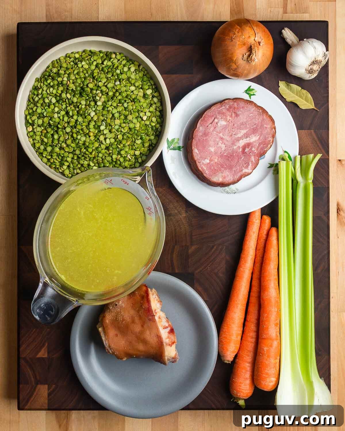 Split Pea Soup with Ham Recipe — Hearty Comfort Soup 3 Ingredients shown: split peas, onion, garlic, bay leaf, ham, chicken stock, ham hock, carrots, and celery.