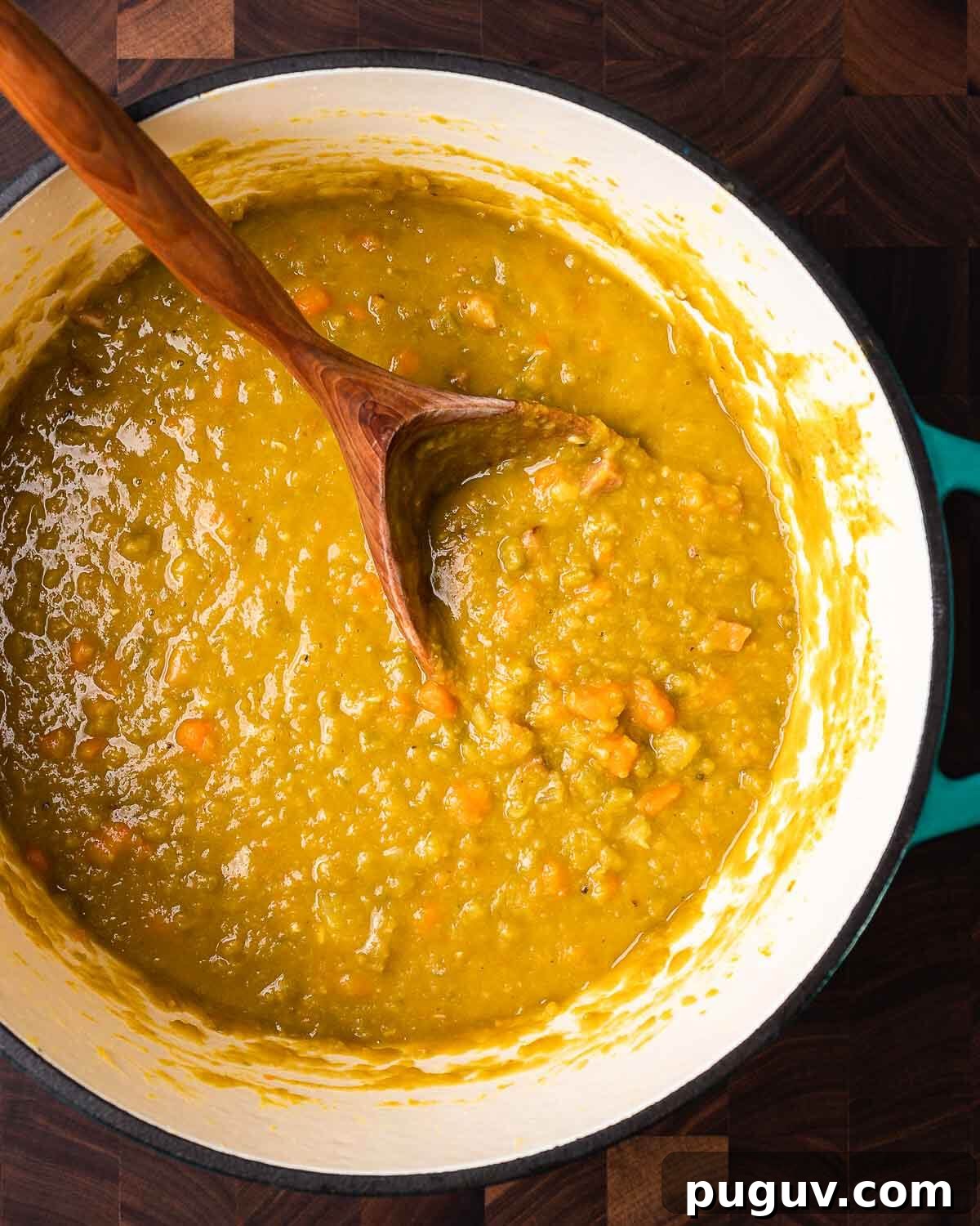 Split Pea Soup with Ham Recipe — Hearty Comfort Soup 6 Overhead shot of Dutch oven with split pea soup.