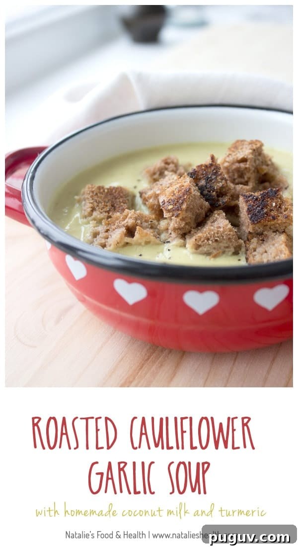 Roasted Cauliflower and Garlic Soup Recipe 5 Creamy, aromatic and fragrant roasted cauliflower garlic soup with homemade coconut milk and turmeric. Oriental flavored and easy to make soup that heals. CLICK to read more or PIN for later!