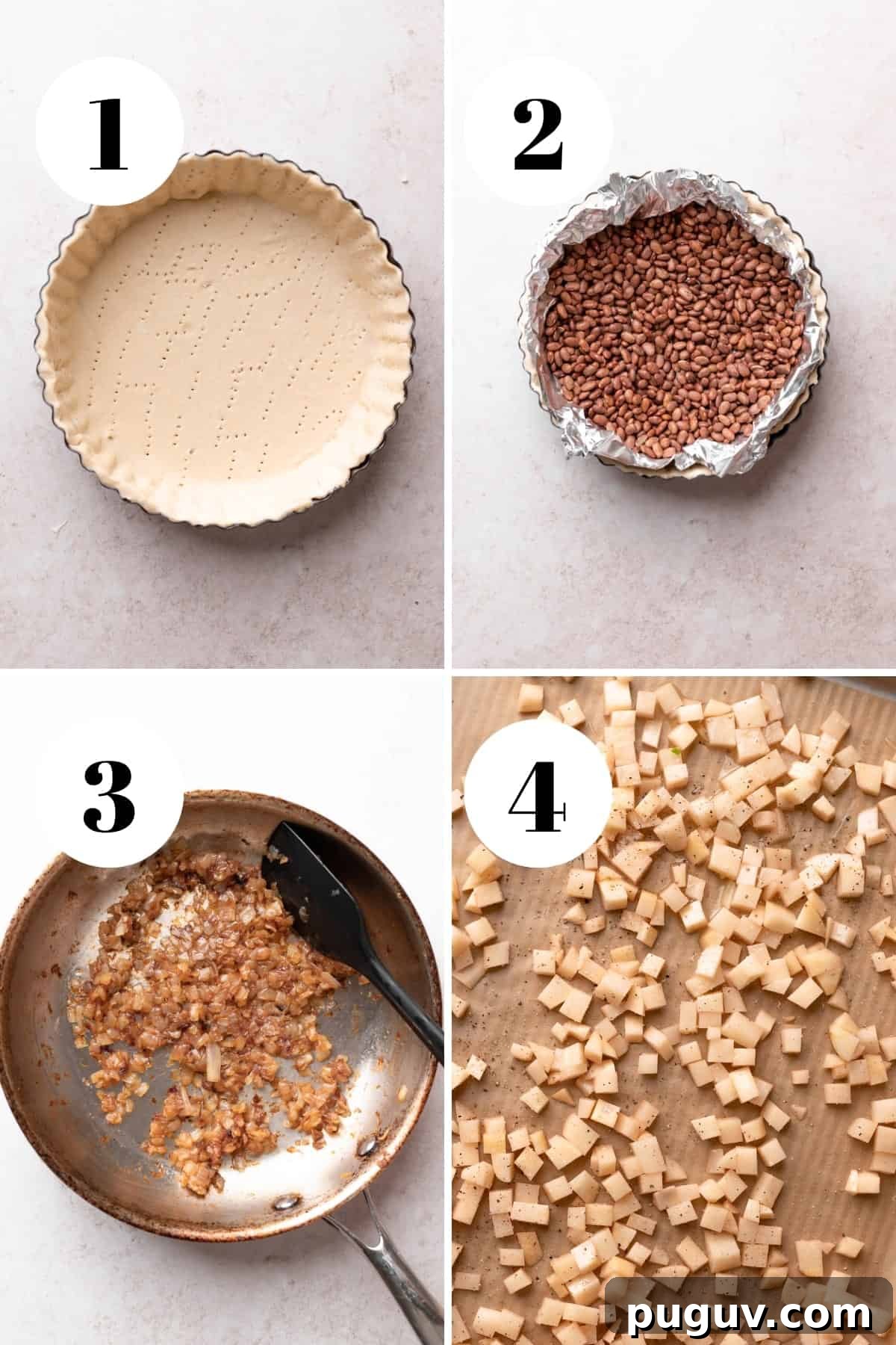 a process collage of the steps for making quiche.