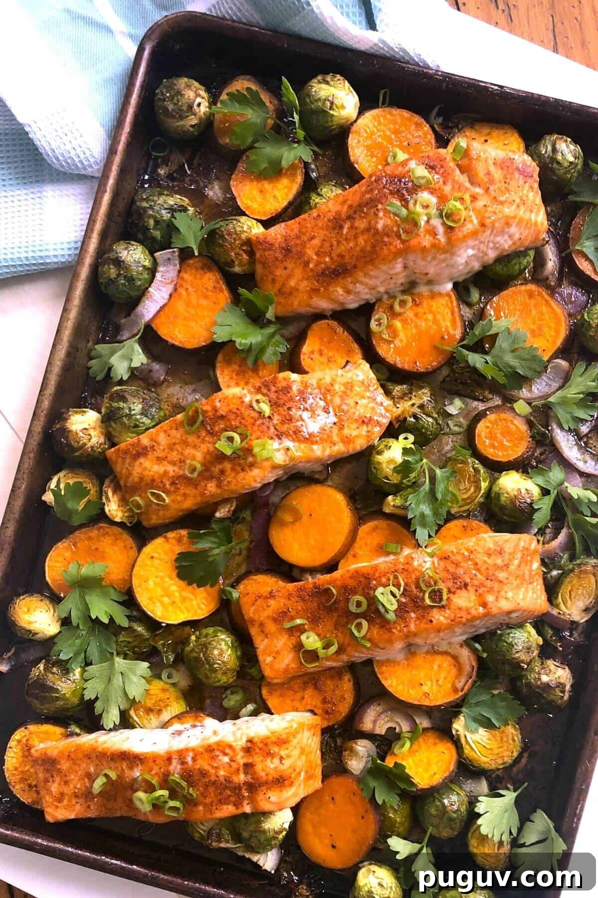 salmon, sweet potatoes, brussels sprouts cooked.