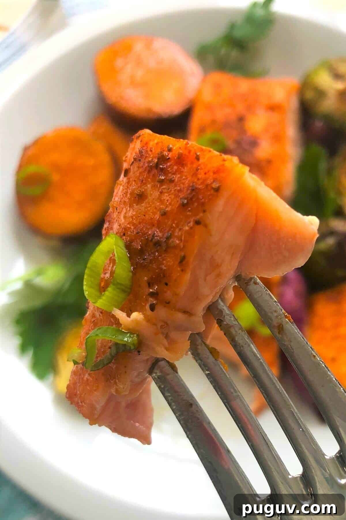 a bite of salmon on a fork.