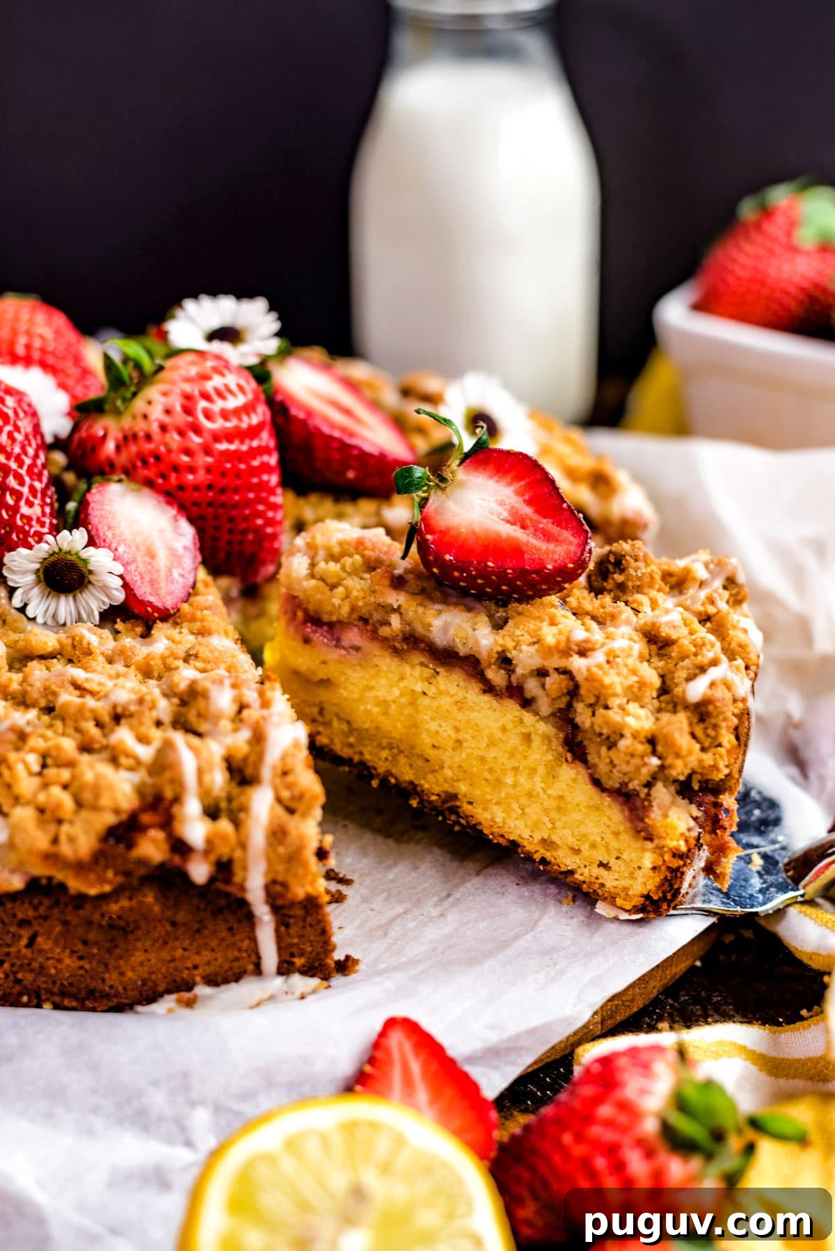 Strawberry Lemon Ricotta Crumb Cake Recipe 2 This buttery, bright Strawberry Lemon-Ricotta Crumb Cake features a layer of fresh sliced strawberries, a crumbly streusel topping, and a drizzle of sweet glaze atop a moist lemon cake. Serve it for an elegant breakfast, brunch, or dessert, and make lemon-lovers out of everyone who takes a bite.