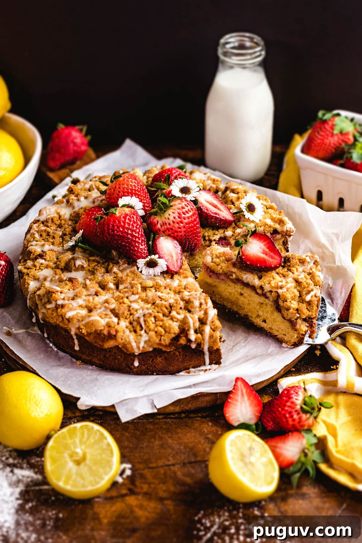 Strawberry Lemon Ricotta Crumb Cake Recipe 3 This buttery, bright Strawberry Lemon-Ricotta Crumb Cake features a layer of fresh sliced strawberries, a crumbly streusel topping, and a drizzle of sweet glaze atop a moist lemon cake. Serve it for an elegant breakfast, brunch, or dessert, and make lemon-lovers out of everyone who takes a bite.