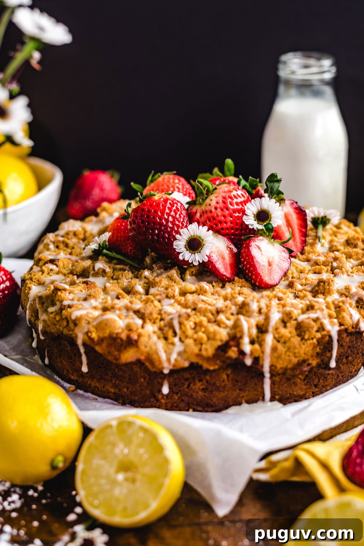Strawberry Lemon Ricotta Crumb Cake Recipe 4 This buttery, bright Strawberry Lemon-Ricotta Crumb Cake features a layer of fresh sliced strawberries, a crumbly streusel topping, and a drizzle of sweet glaze atop a moist lemon cake. Serve it for an elegant breakfast, brunch, or dessert, and make lemon-lovers out of everyone who takes a bite.