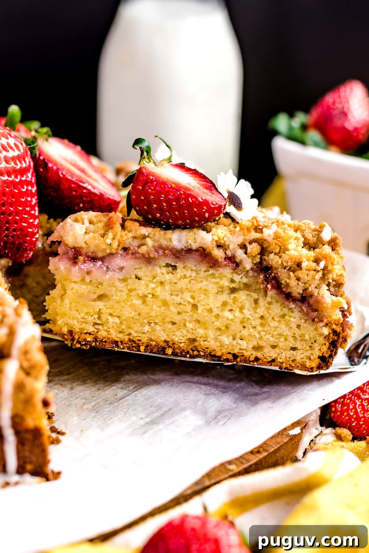Strawberry Lemon Ricotta Crumb Cake Recipe 8 This buttery, bright Strawberry Lemon-Ricotta Crumb Cake features a layer of fresh sliced strawberries, a crumbly streusel topping, and a drizzle of sweet glaze atop a moist lemon cake. Serve it for an elegant breakfast, brunch, or dessert, and make lemon-lovers out of everyone who takes a bite.