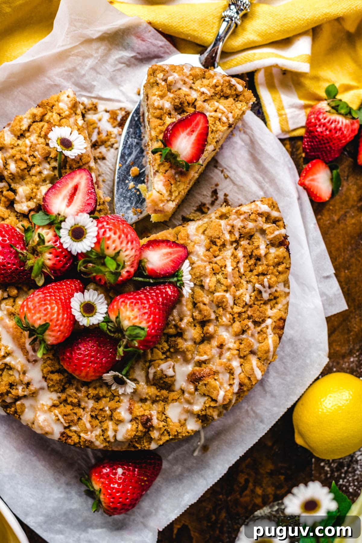 Strawberry Lemon Ricotta Crumb Cake Recipe 9 This buttery, bright Strawberry Lemon-Ricotta Crumb Cake features a layer of fresh sliced strawberries, a crumbly streusel topping, and a drizzle of sweet glaze atop a moist lemon cake. Serve it for an elegant breakfast, brunch, or dessert, and make lemon-lovers out of everyone who takes a bite.