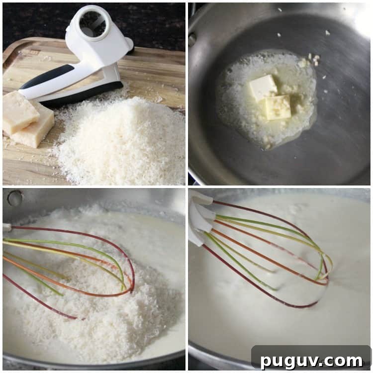 Homemade Alfredo Sauce in pan with parmesan cheese