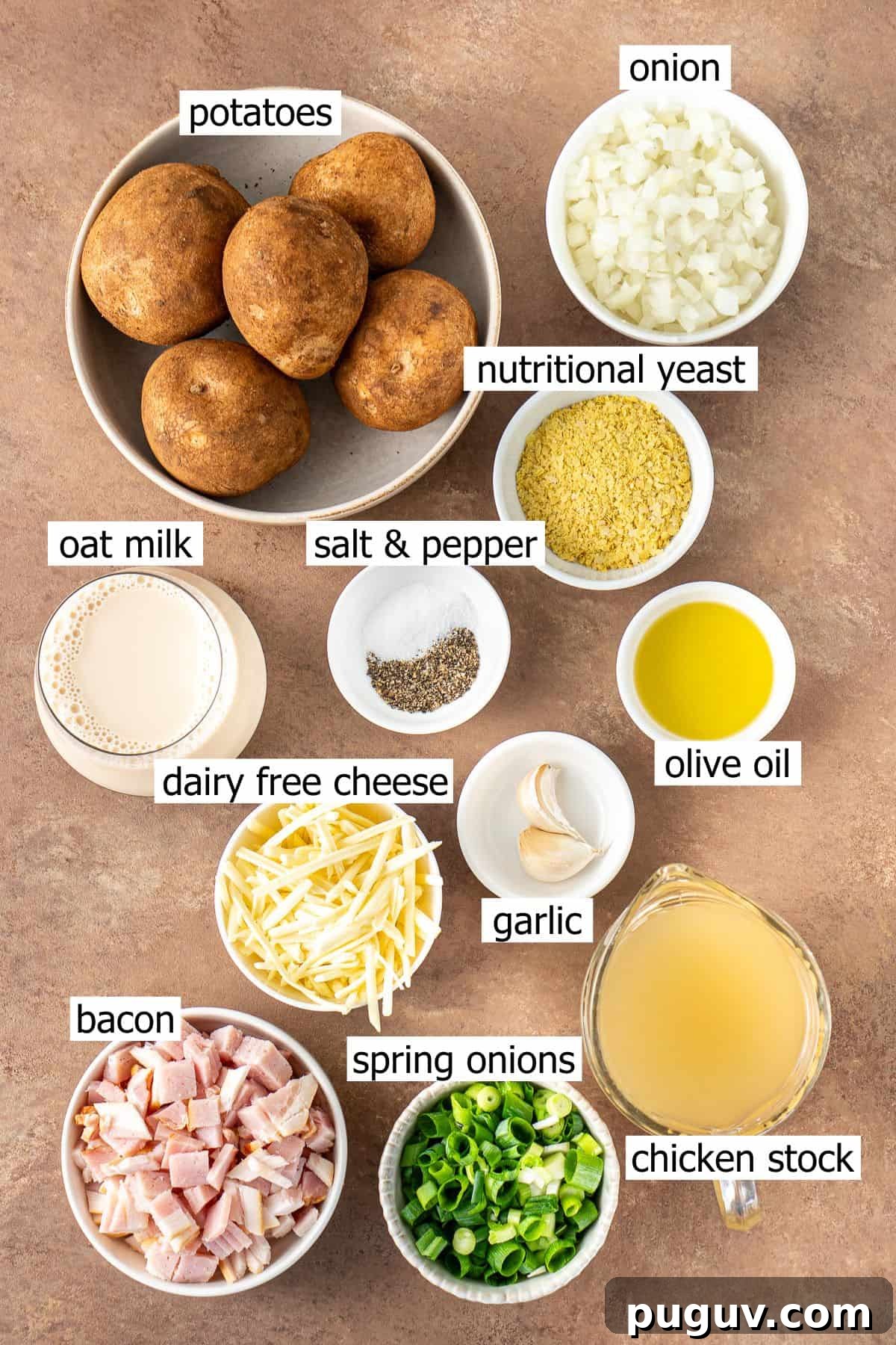 Creamy Dairy-Free Baked Potato Soup Recipe 3 All ingredients needed to make dairy free baked potato soup laid out in bowls.