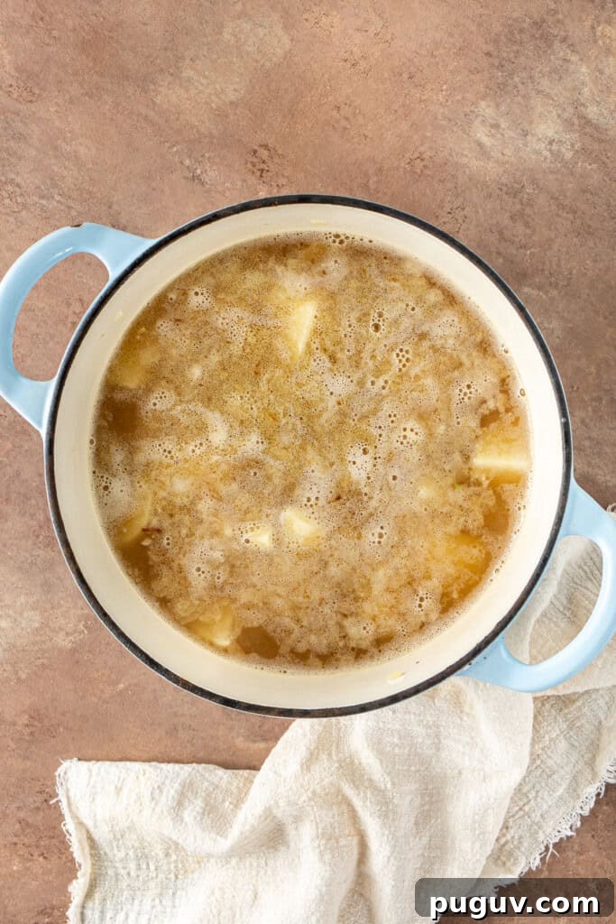 Creamy Dairy-Free Baked Potato Soup Recipe 6 The potatoes boiling in the stock.