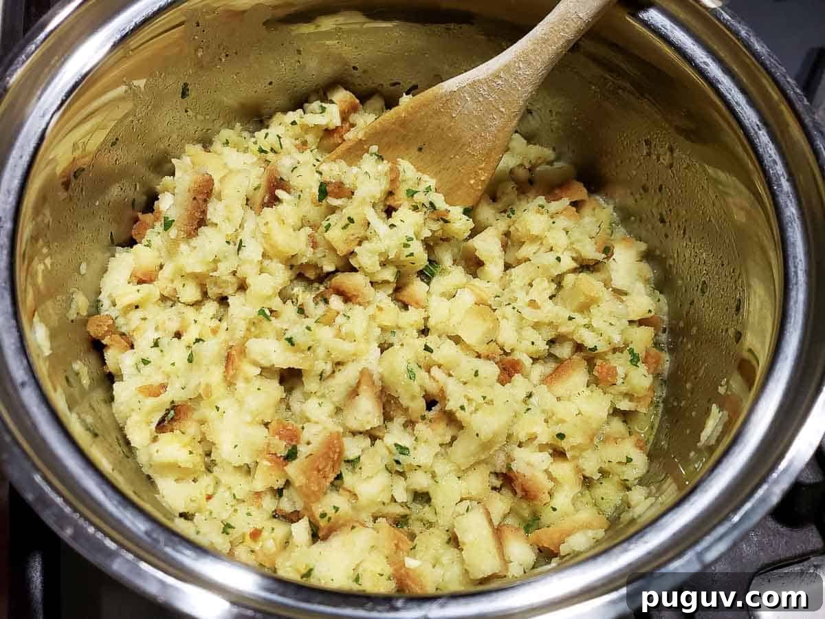 stuffing cooking in a pan.