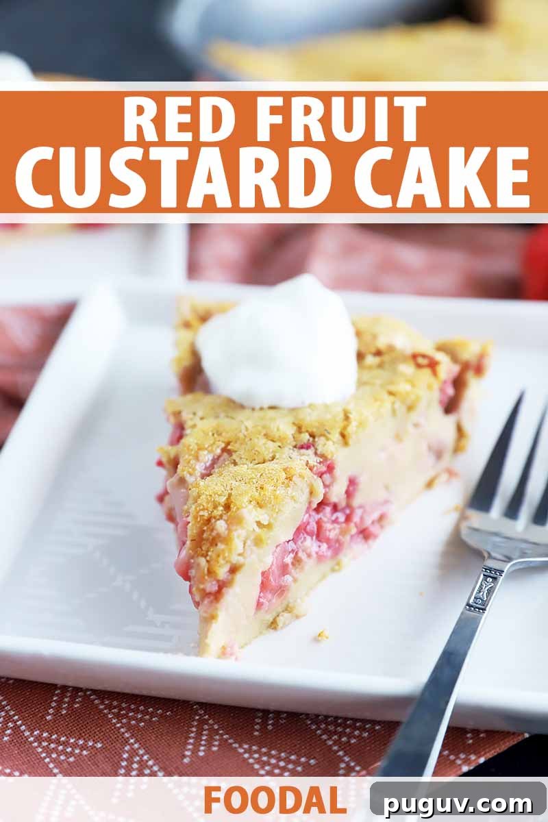 Red Fruit Custard Cake: Elegant Summer Dessert with Fresh Berries 2 Vertical image of a square white plate with a slice of fruit-filled dessert topped with whipped cream, with text on the top and bottom of the image.