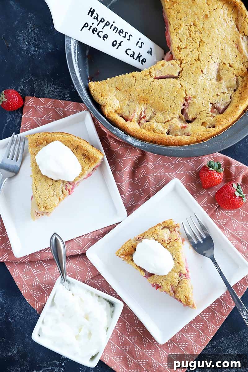 Red Fruit Custard Cake: Elegant Summer Dessert with Fresh Berries 3 Vertical image of slices and a whole clafoutis in white plates and in a pan on a pink napkin next to a bowl of whipped cream.