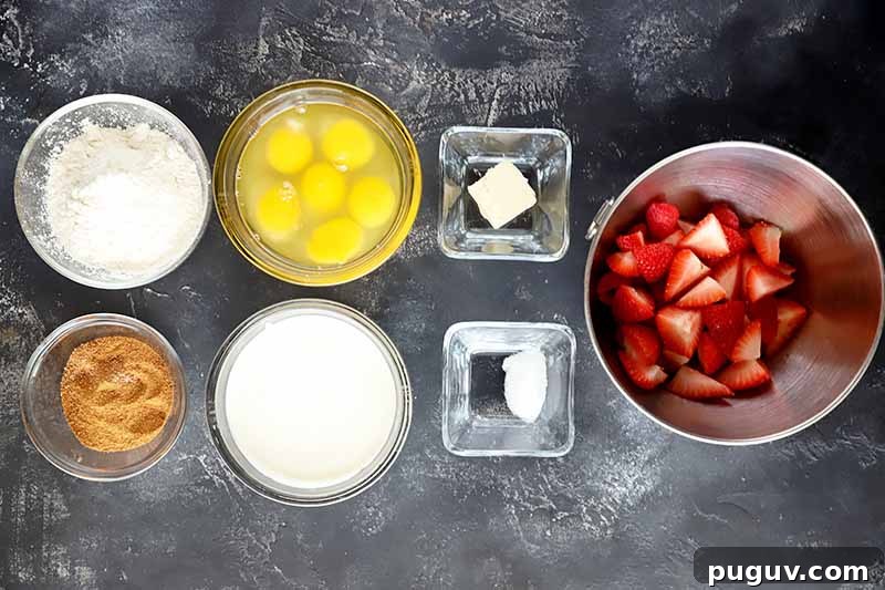Red Fruit Custard Cake: Elegant Summer Dessert with Fresh Berries 6 Horizontal image of berries in a bowl next to other glass bowls of measured wet and dry ingredients.