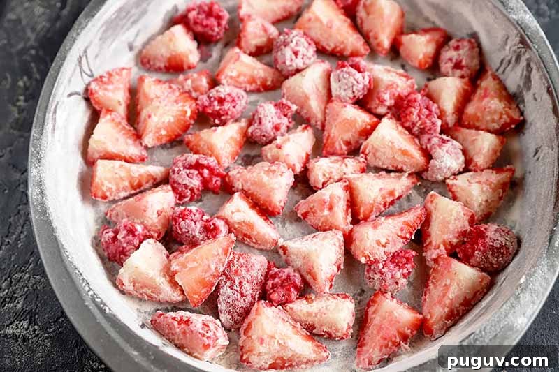 Red Fruit Custard Cake: Elegant Summer Dessert with Fresh Berries 7 Horizontal image of sliced strawberries and raspberries covered in a light dusting of flour in a pan.
