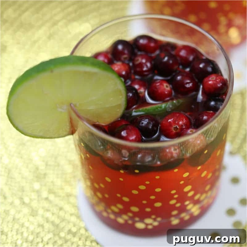 Christmas Cocktail Recipes Everyone Will Love 11 Cranberries and lime in a red cocktail in a glass with gold polka dots