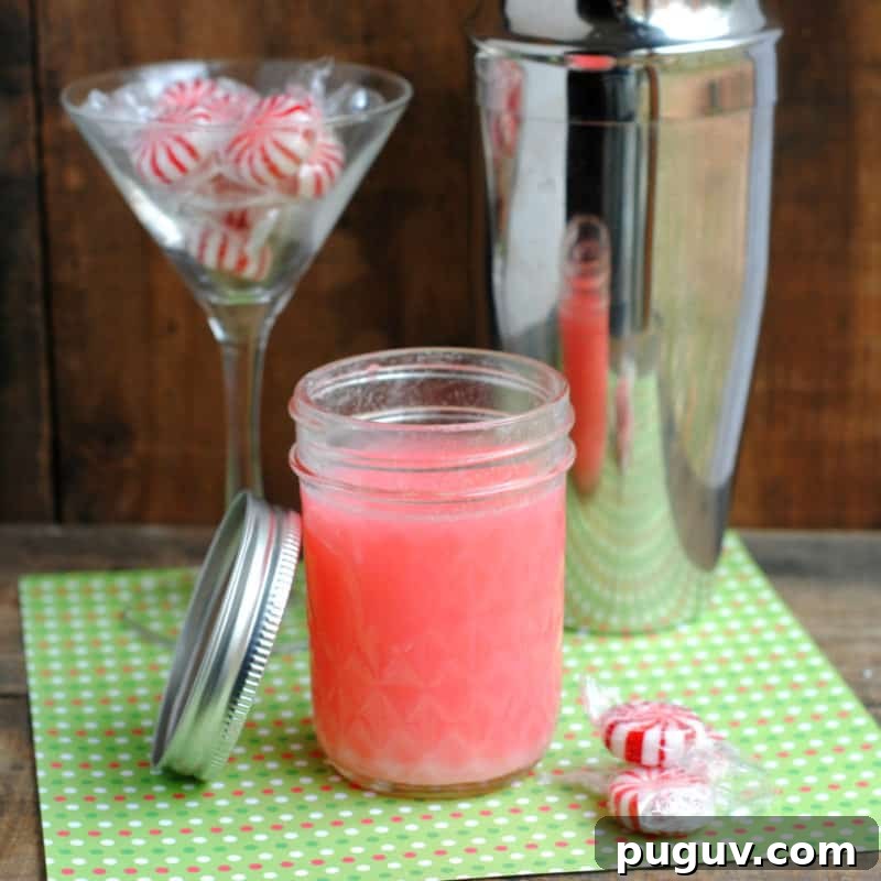 Christmas Cocktail Recipes Everyone Will Love 12 Peppermint vodka in a mason jar next to a martini glass with peppermint candies and a silver cocktail shaker