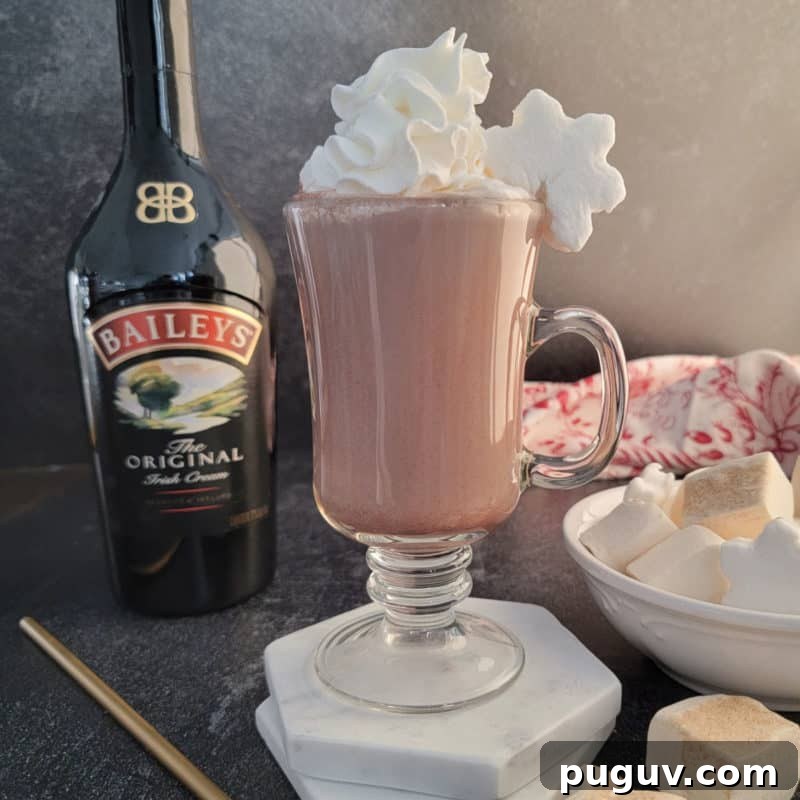 Christmas Cocktail Recipes Everyone Will Love 16 Baileys Hot Chocolate in a glass mug with whipped cream and a snowflake marshmallow