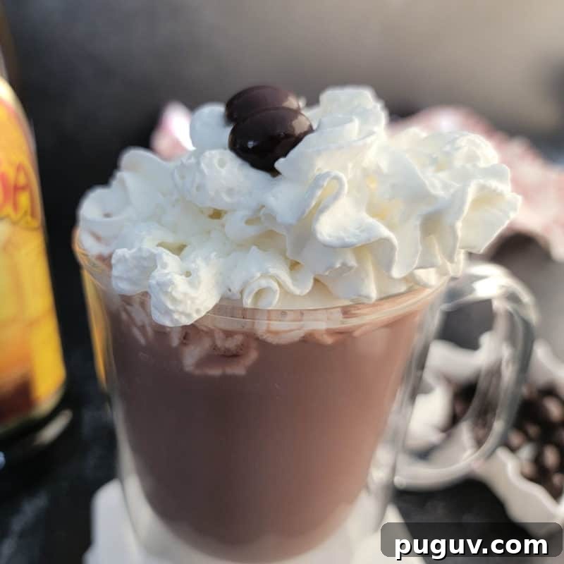 Christmas Cocktail Recipes Everyone Will Love 17 Kahlua Hot Chocolate in a glass coffee mug garnished with whipped cream and espresso beans