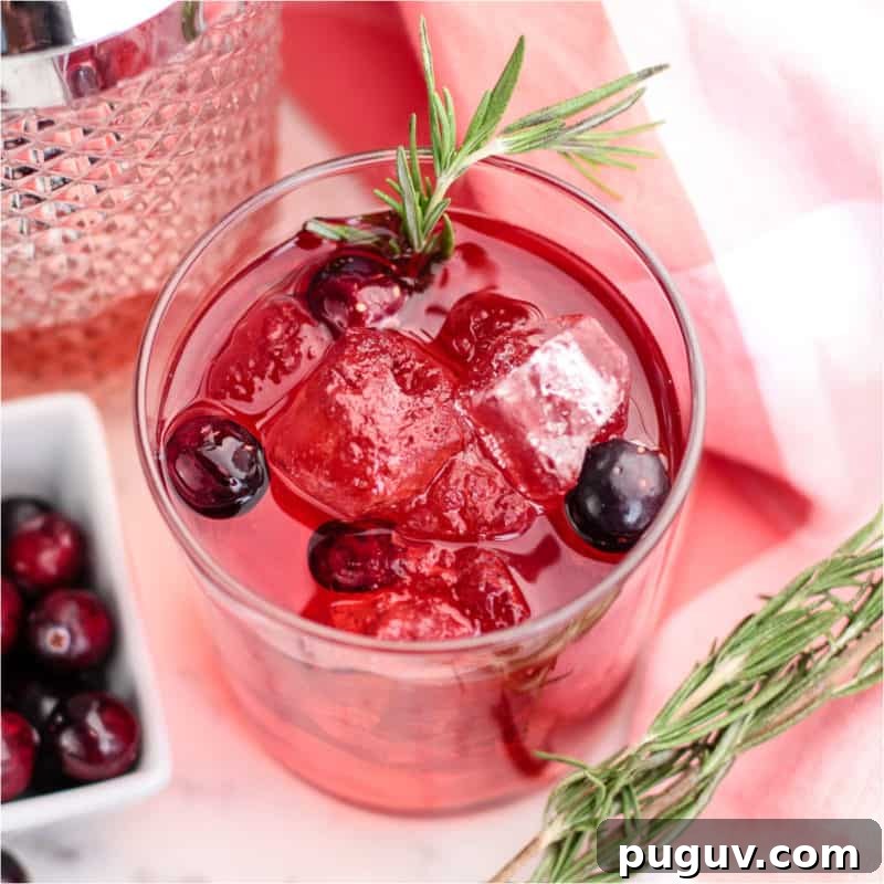 Christmas Cocktail Recipes Everyone Will Love 9 red cocktail with cranberries and rosemary next to a bowl of cranberries and a glass cocktail shaker