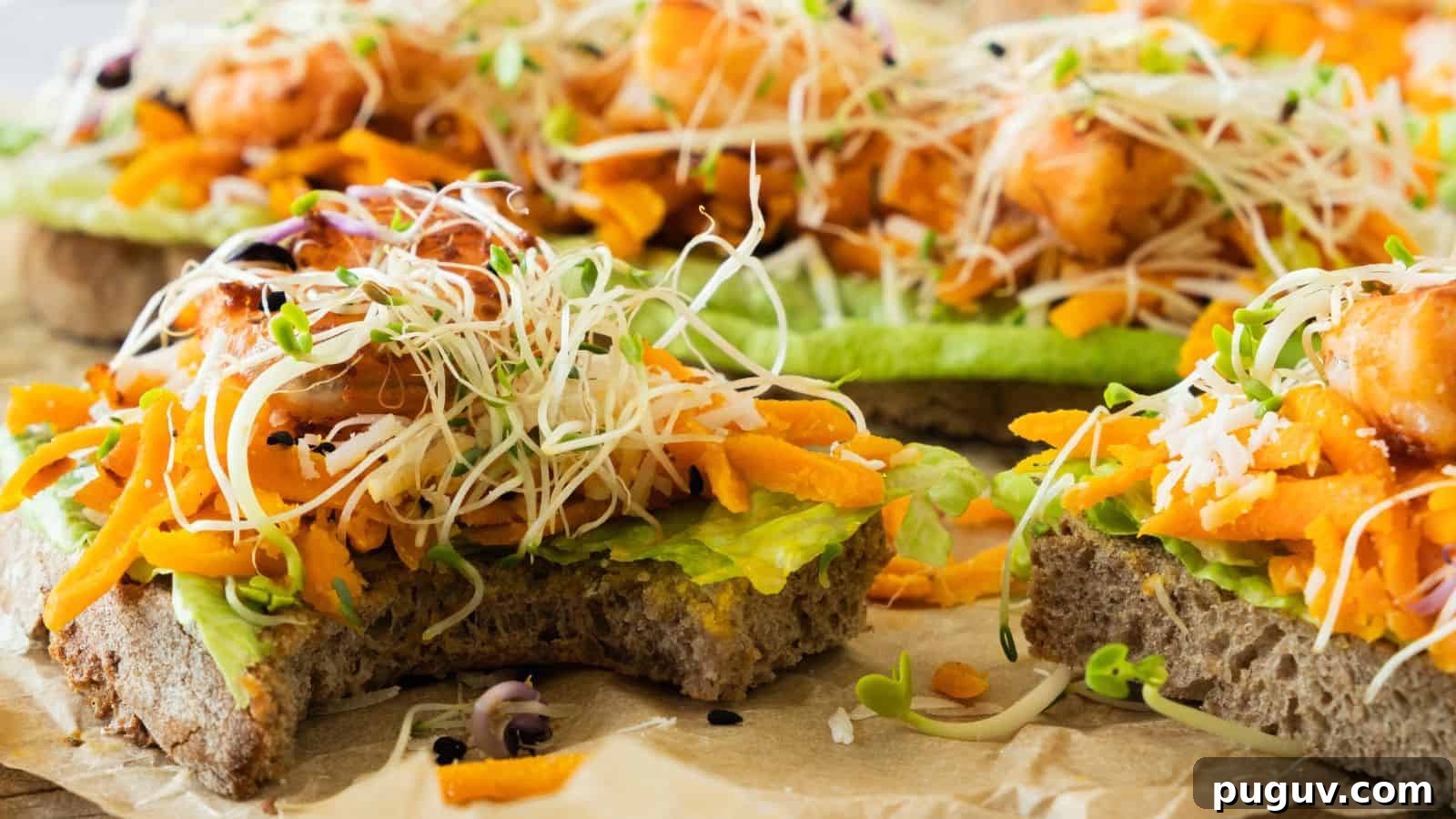 15 Chinese Dishes That Let You Cook Dinner in 30 Minutes 9 Close-up of open-faced sandwiches topped with avocado, shredded carrot, microgreens, and pieces of cooked salmon on whole-grain bread.