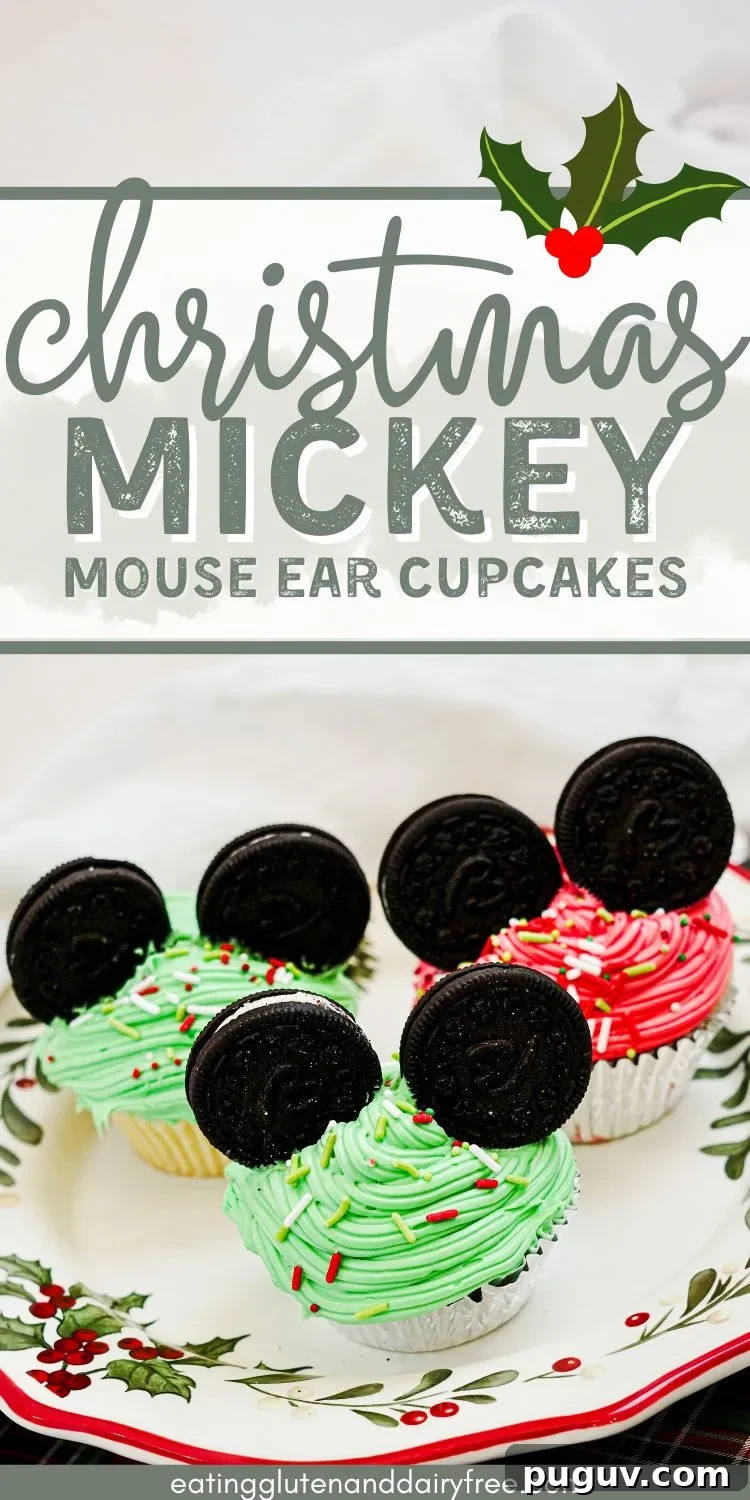 Mickey Mouse Ears Christmas Cupcakes on a plate with text overlay.