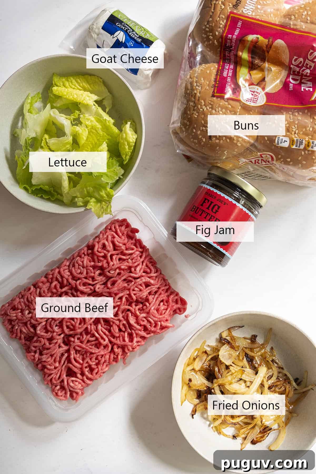 Fig Jam & Goat Cheese Burger Recipe for Sweet Savory Flavor 3 ingredients laid out for the recipe.