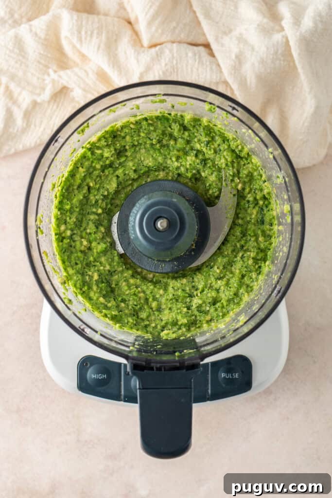 The pea pesto blended in a food processor. 