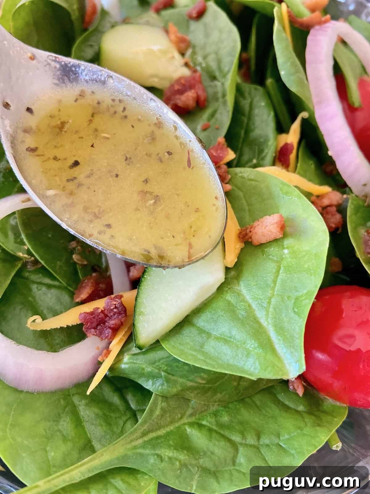 Low-Sodium White Balsamic Vinaigrette Recipe for Flavorful Salads 2 Low sodium dressing in spoon.