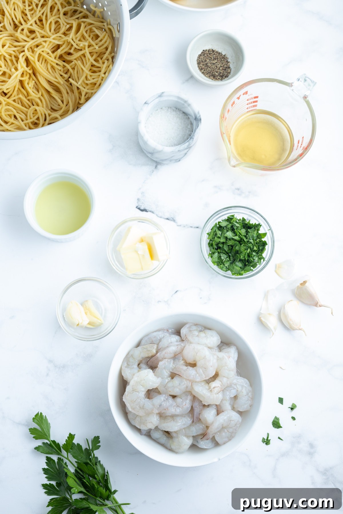 Shrimp Scampi ingredients ingredients displayed for making shrimp scampi