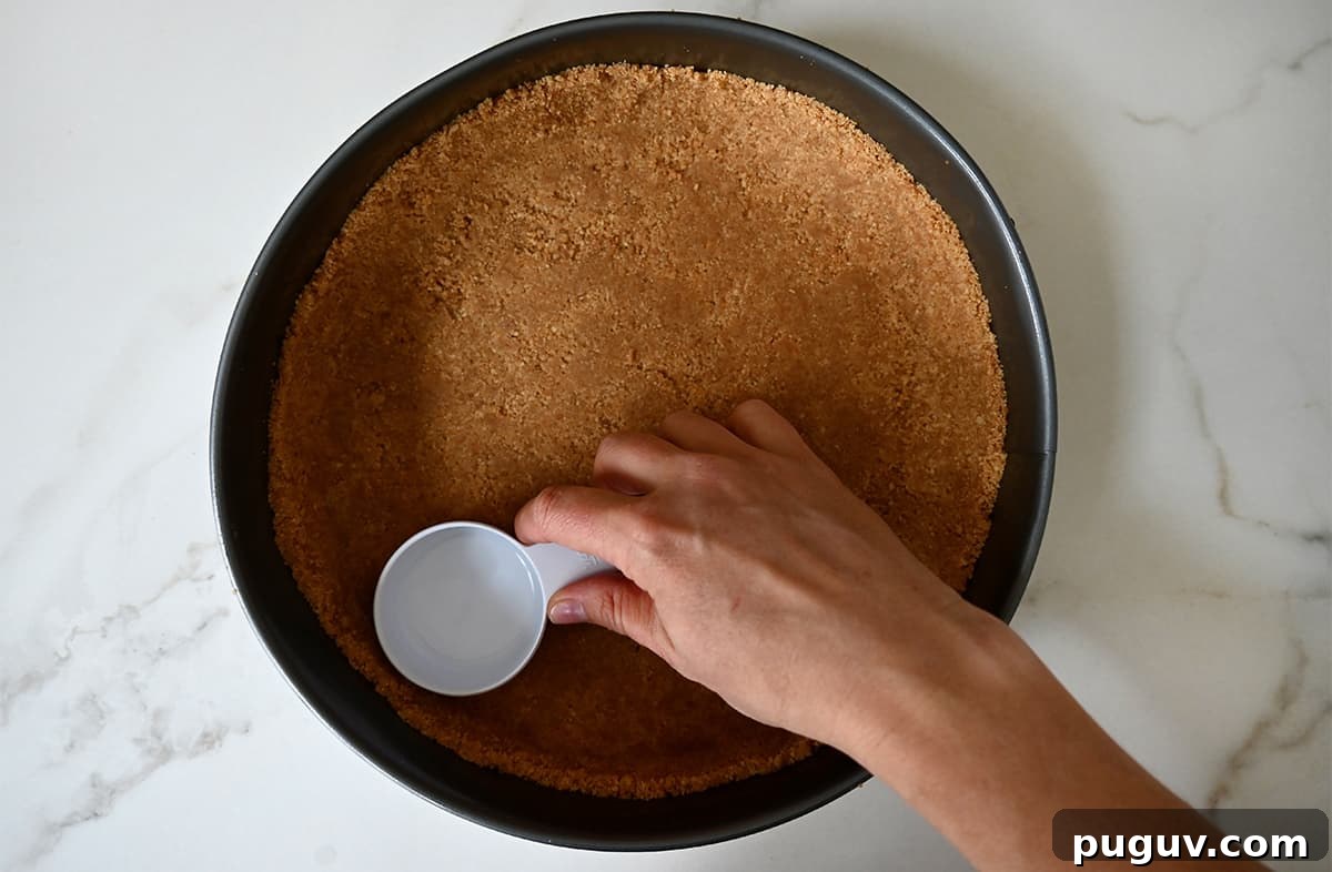 No-Bake Cheesecake Recipe: Creamy No-Bake Cheesecake Slice 3 A hand holding a measuring cup presses graham cracker crumbs into a springform pan to form a graham cracker crust.