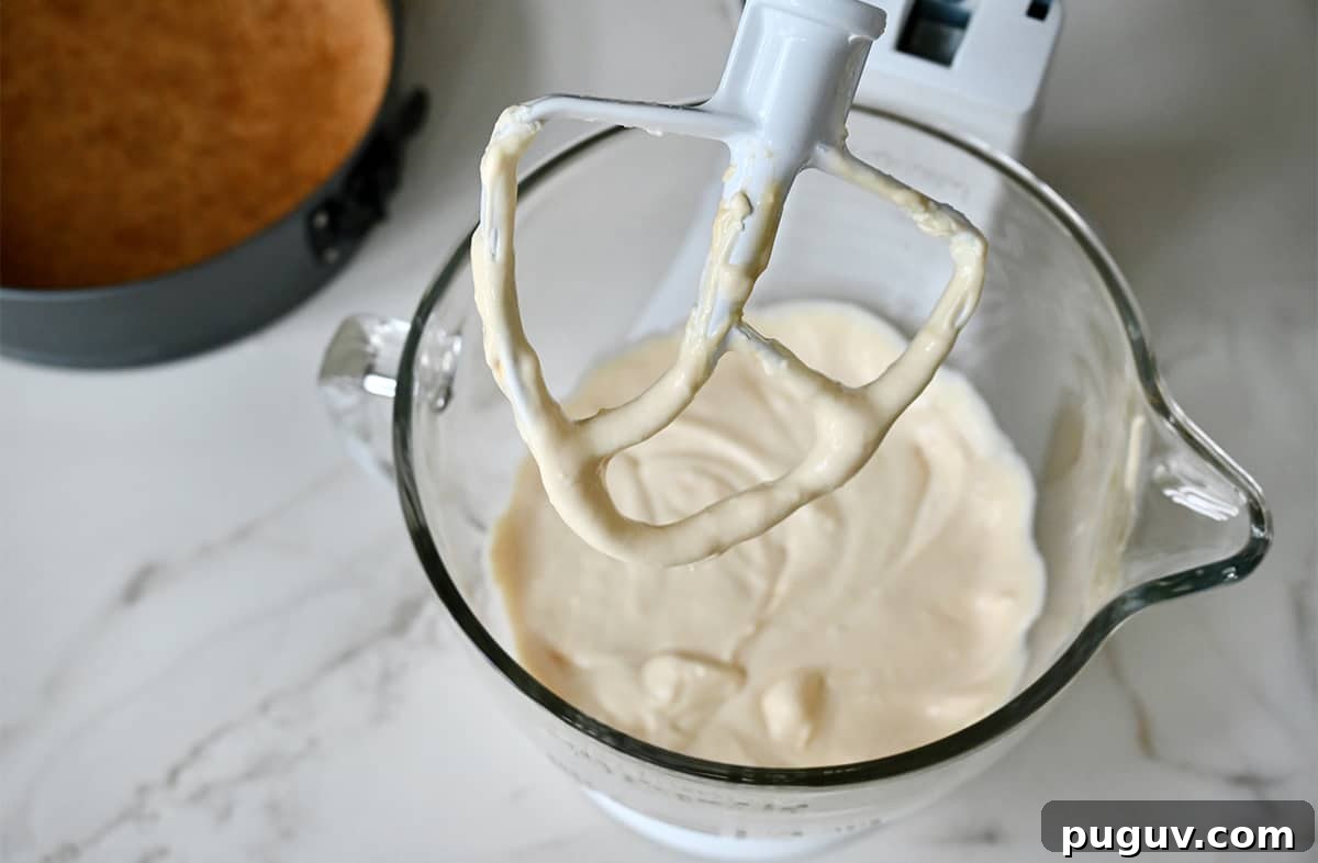 No-Bake Cheesecake Recipe: Creamy No-Bake Cheesecake Slice 4 The paddle attachment of a stand mixer over a clear stand mixer bowl containing creamy no-bake cheesecake filling.