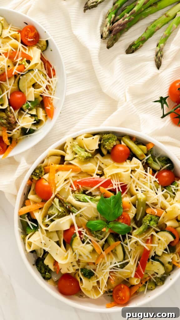 Instant Pot Pasta Primavera Recipe: Quick Veggie One-Pot Meal 4 Flat lay of instant pot pasta primavera with asparagus, zucchini, and cherry tomatoes.