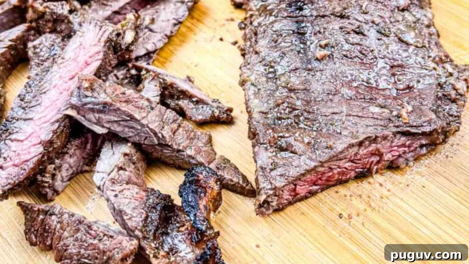 17 Low-Carb Meals That Keep You Full, Energized, and Ready 11 A sliced and grilled Carne asada on a wooden cutting board.
