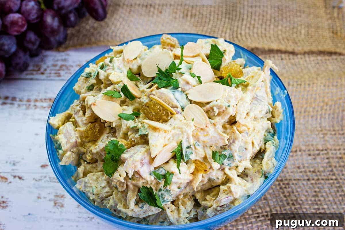 17 Low-Carb Meals That Keep You Full, Energized, and Ready 17 Curried chicken salad in a blue bowl.