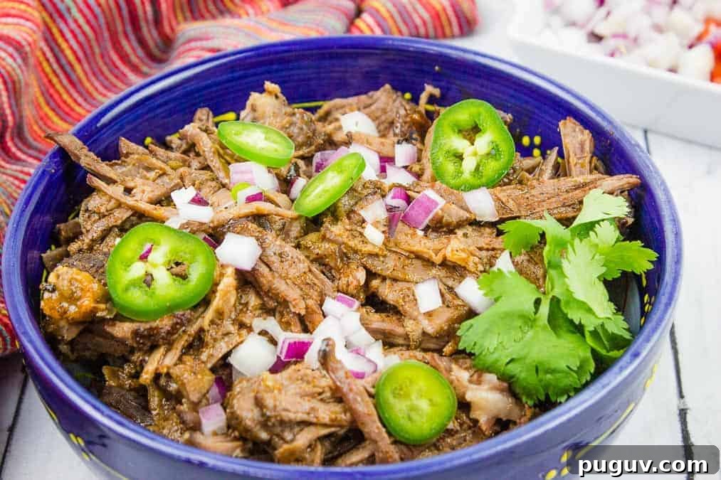 17 Low-Carb Meals That Keep You Full, Energized, and Ready 4 Beef Barbacoa in a blue bowl.