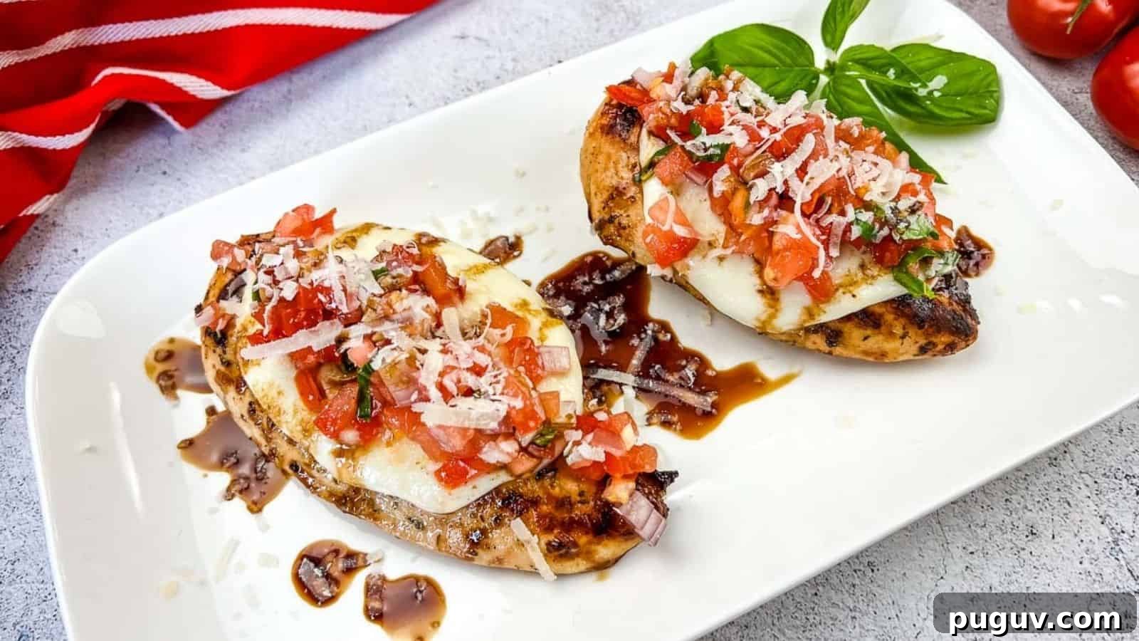 17 Low-Carb Meals That Keep You Full, Energized, and Ready 5 Grilled Bruschetta Chicken on a white plate.