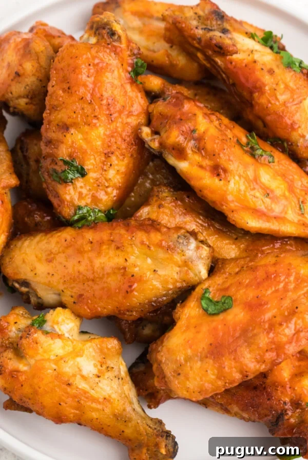 Crispy-On-The-Outside, Soft-On-The-Inside Air Fryer Pretzels 12 Crispy Air Fryer chicken wings on a white plate ready to serve.