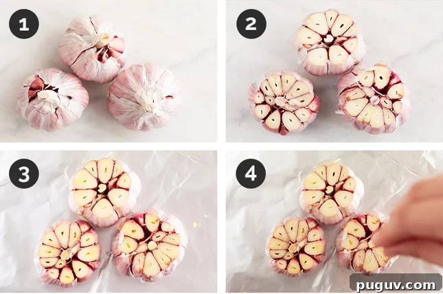 Step by step photos for how to make roasted garlic