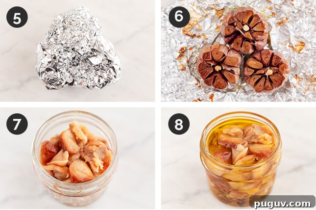 Step by step photos for how to store roasted garlic