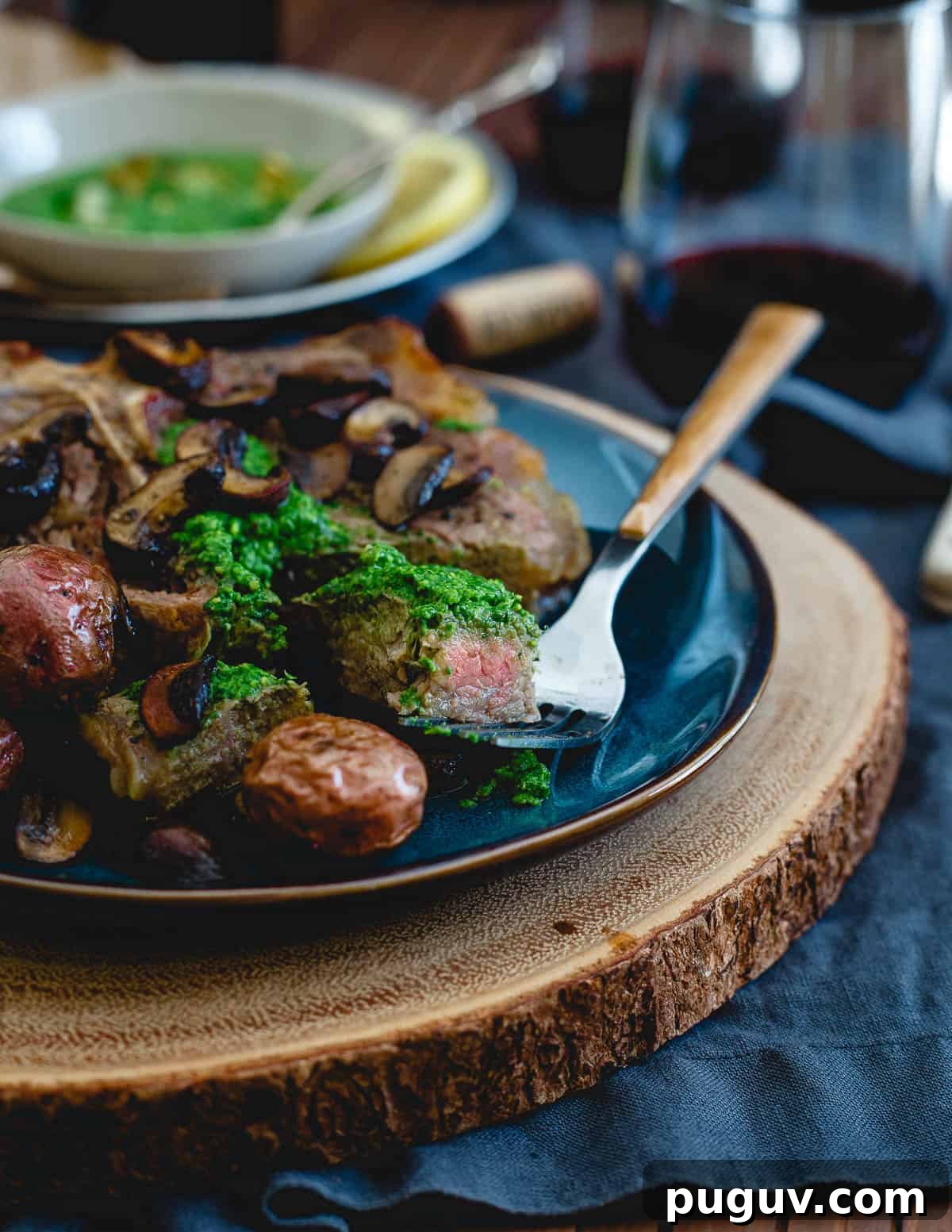 Everything is cooked in one skillet for this Porterhouse steak skillet then topped with a bright and spicy spinach horseradish pesto. Everything is cooked in one skillet for this Porterhouse steak skillet then topped with a bright and spicy spinach horseradish pesto.