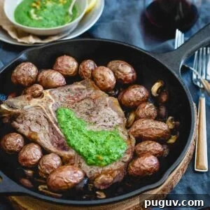 Porterhouse Steak Skillet with Spinach and Horseradish Pesto 2 Everything is cooked in one skillet for this Porterhouse steak skillet then topped with a bright and spicy spinach horseradish pesto.