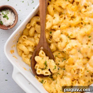 Creamy Baked Macaroni and Cheese Casserole 13 Scoop of mac and cheese taken out of a baking dish with a wooden spoon resting in it.