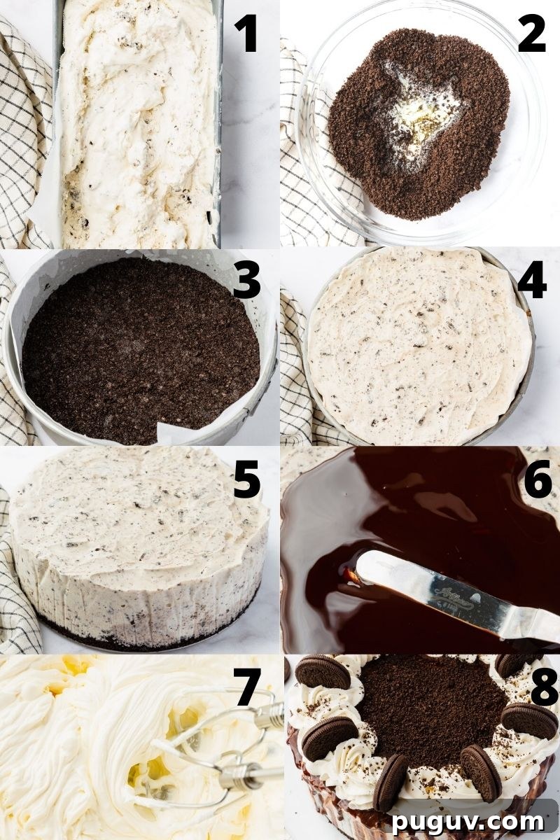Decadent Oreo Ice Cream Cake Recipe for Parties and Birthdays 4 8 images in a collage, showing all of the steps needed to make a homemade oreo ice cream cake from scratch