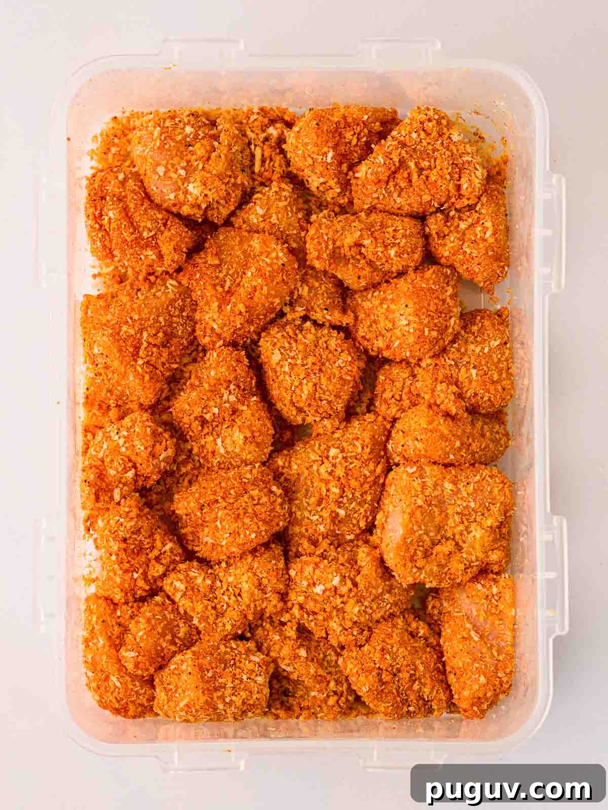 Crispy Homemade Chicken Nuggets Recipe for Family Meals 7 Coated pieces of raw chicken breast with breadcrumbs in a Tupperware for the recipe homemade chicken nuggets.