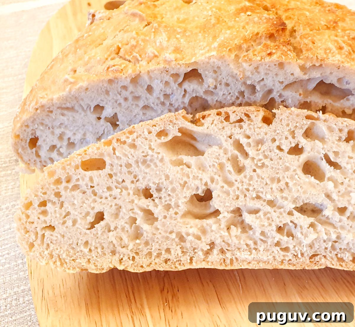 No-Knead Crusty Homemade Bread Recipe for Perfect Loaves 4 Close up of a slice of crusty homemade bread.