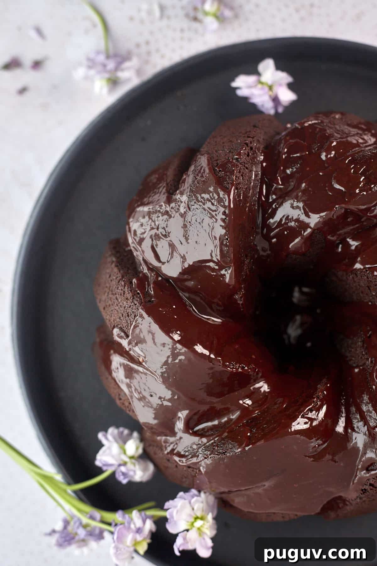 overhead image of chocolate glazed cake on a plate