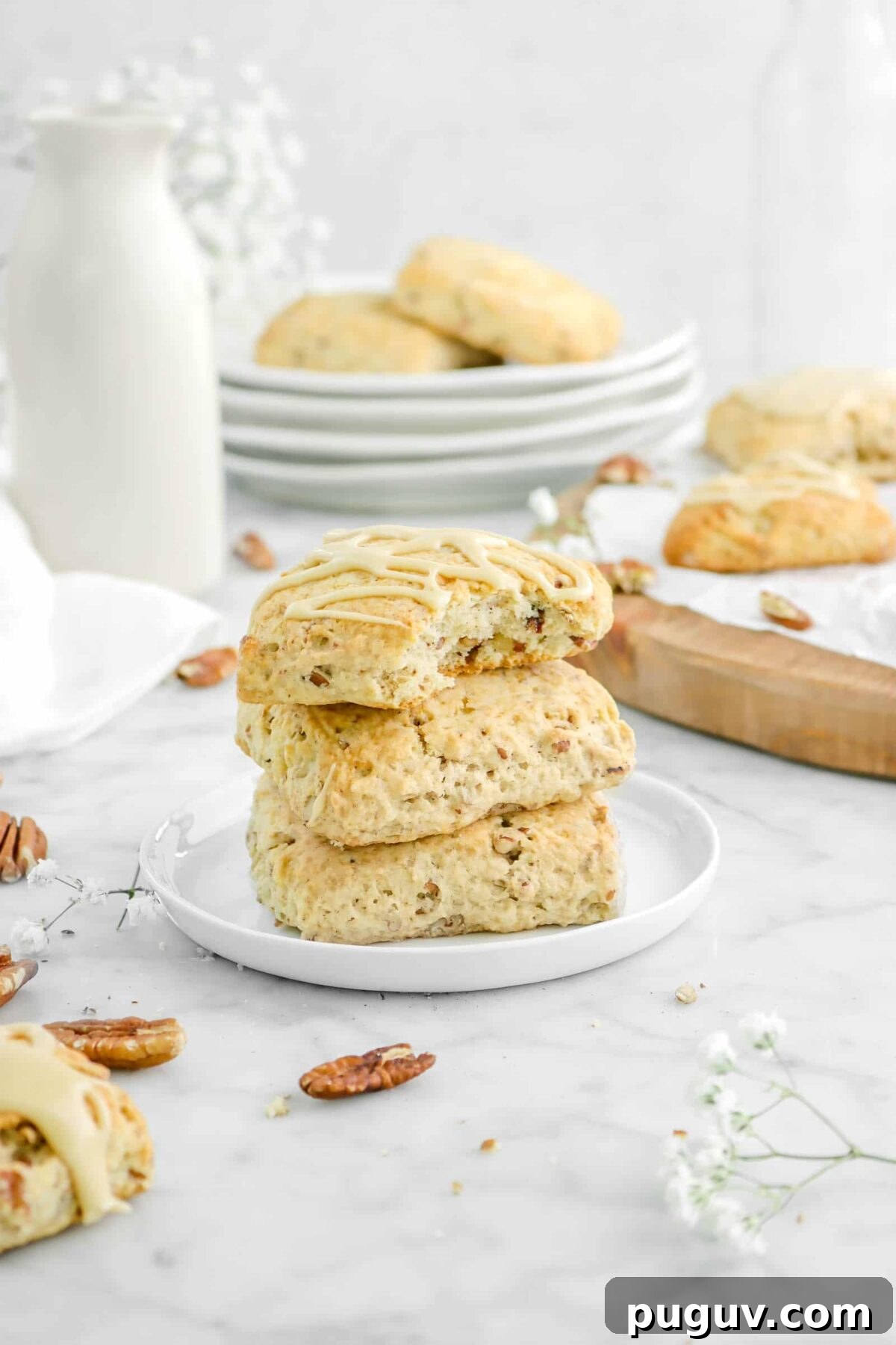 Maple Pecan Scones with Sweet Maple Glaze 9 stacked scones on white plate with a bite missing from one with more scones behind, flowers, pecans, and stacked plates
